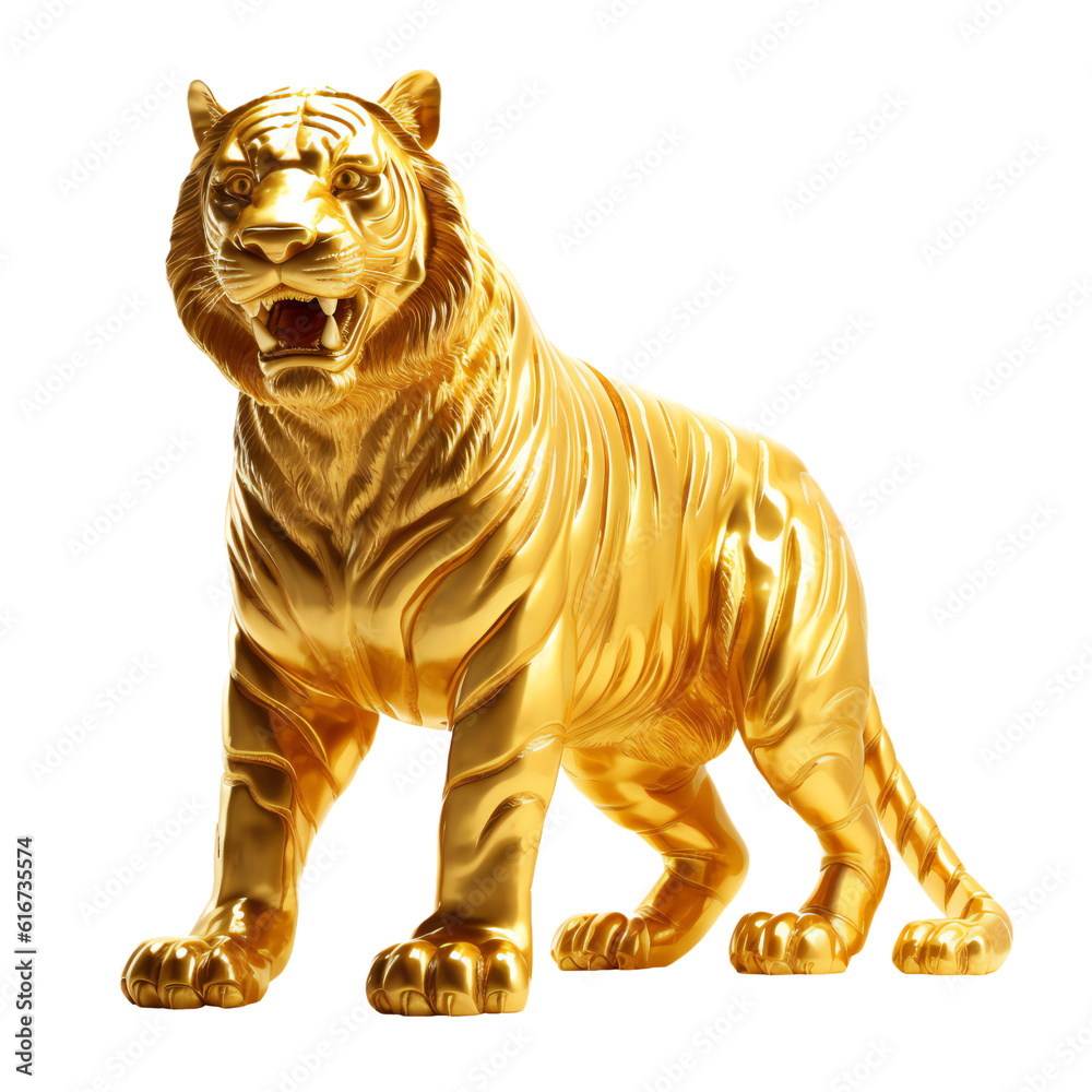 Obraz premium Golden tiger statue isolated on transparent background, Generative AI