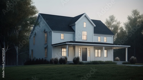 Classic American suburban modern farmhouse. Two story, white siding walls, dark shingle roof, spacious porch, neatly trimmed lawn, evening lighting. Mockup, 3D rendering.