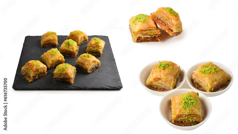 Pistachio baklava on a black plate. Dessert. Pistachio baklava on a black plate. Dessert.