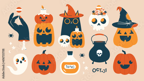 Set of Halloween illustrations. Vector cliparts in flat modern style. Cartoon stickers with black cat in witch hat, skull, pumpkins, candle, snake, pot, ghost, hand with bone, candies, bat, spider.