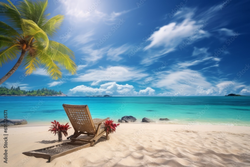 Tropical beach with white sand, turquoise ocean, and palm leaves, Generative AI Tropical beach with white sand, turquoise ocean, and palm leaves, Generative AI