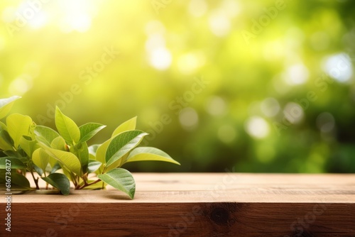 Green foliage  wooden table  bokeh  sunlight spring beauty  Generative AI