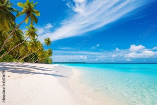 Maldives island white sand  palm trees  turquoise ocean  blue sky  Generative AI