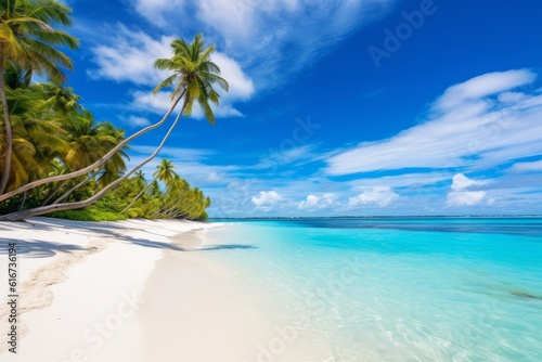 Maldives island white sand, palm trees, turquoise ocean, blue sky, Generative AI © ParinApril