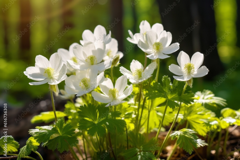 Spring forest with anemones and primroses in sunlight, Generative AI Spring forest with anemones and primroses in sunlight, Generative AI
