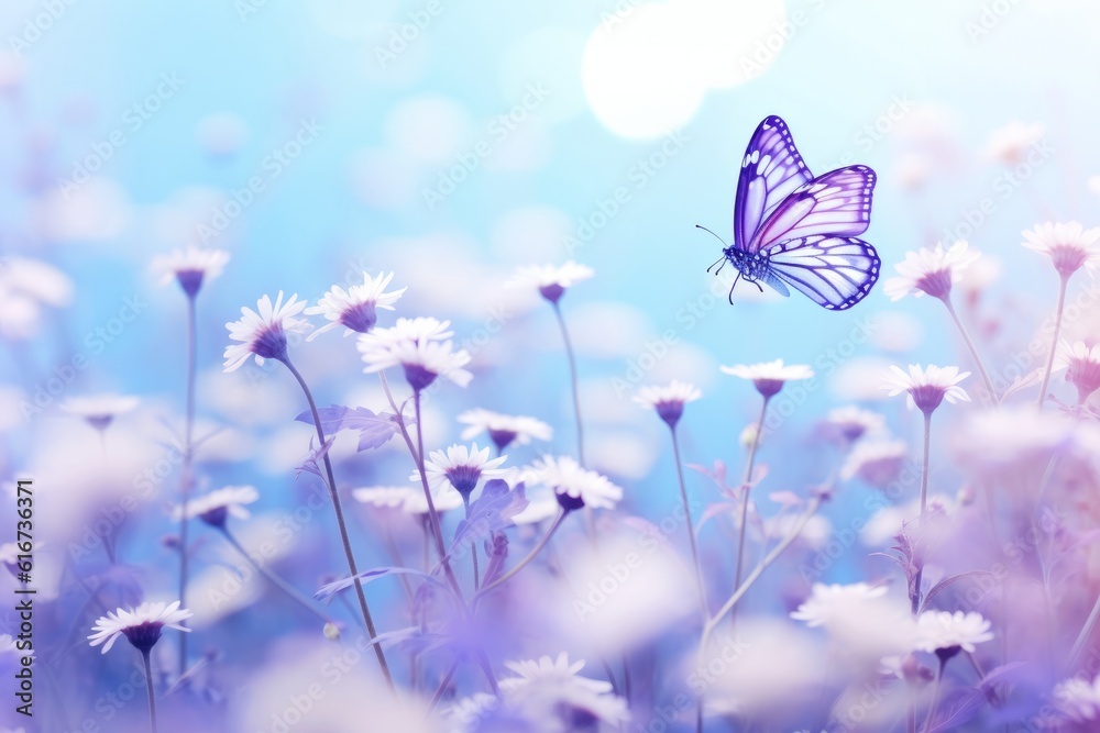 Naklejka premium Wild flowers, butterfly in morning haze Delightful artistic image, Generative AI