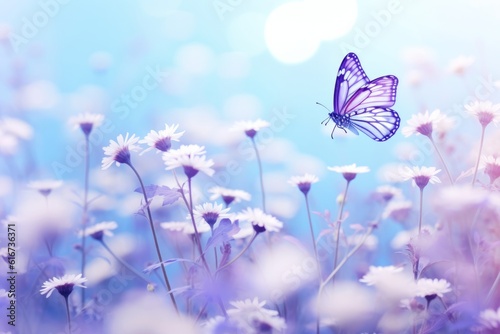 Wild flowers, butterfly in morning haze Delightful artistic image, Generative AI