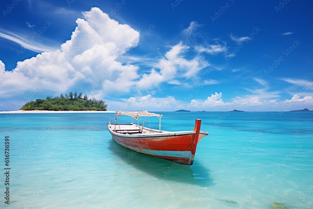 Turquoise boat in blue ocean with island, perfect for summer, Generative AI