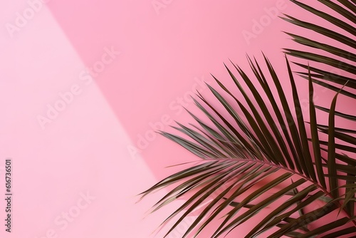 Palm leaf shadow on pink wall Minimal background for products Spring/summer, Generative AI