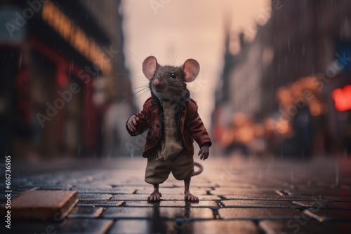 Rat standing on his feet on street in rainy day and tells a story