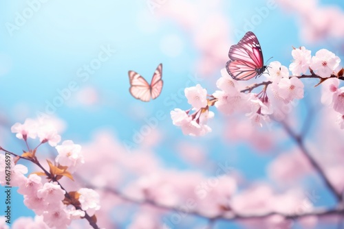 Cherry branches bloom on blue sky, pink sakura flowers, Generative AI © ParinApril