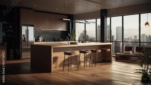 Modern minimalist kitchen with breakfast bar in urban luxury apartment. Wooden floor, wooden bar counter with bar stools, green plants, panoramic windows with city view. 3D rendering.