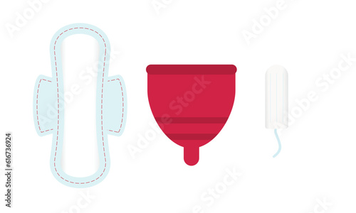 Feminine intimate hygiene. Menstrual period. Sanitary napkins, tampon, cup.