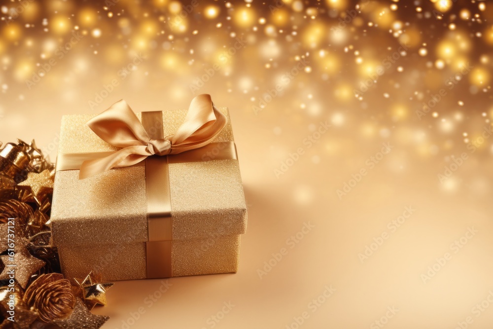 Golden Christmas background with gift box, cookies, and decorations, Generative AI Golden Christmas background with gift box, cookies, and decorations, Generative AI
