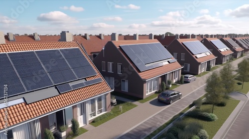 Solar panels are installed on the tiled roofs of a row of modern houses in a suburb with green streets under a blue sky. Sustainable energy  alternative power generation.