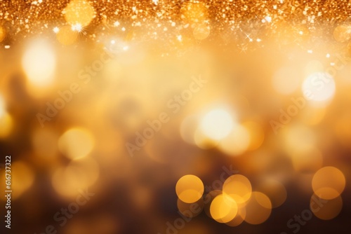 Golden Christmas lights on defocused background, wide banner format, Generative AI