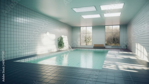 Indoor swimming pool in a luxury home. White tiled walls and floor, green plants, skylighters, large floor-to-ceiling windows with garden view. Mockup, 3D rendering.