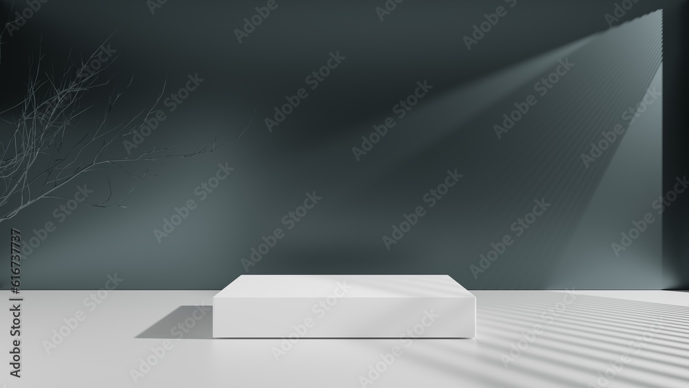 White empty podium or pedestal for product presentation. Square mockup platform on dark blue background. 3d rendering White empty podium or pedestal for product presentation. Square mockup platform on dark blue background. 3d rendering