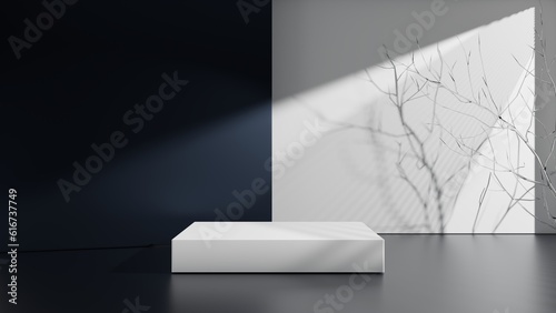 White empty podium or pedestal for product presentation. Square mockup platform on dark blue background. 3d rendering 