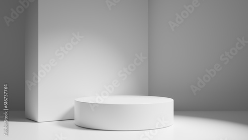 White empty podium or pedestal for product presentation. Round mockup platform on white background. 3d rendering 