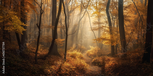Landscape of autumn deciduous forest in sunny and slightly foggy weather. Generative AI