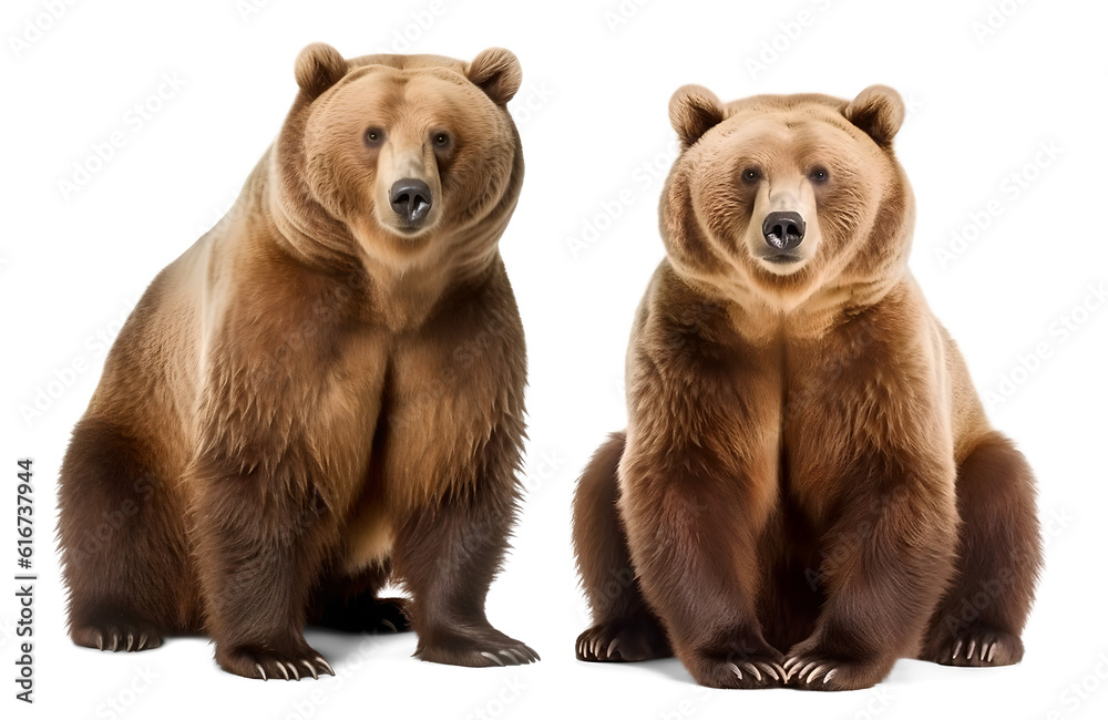 two brown bear sit, isolated background. Generative Ai - obrazy, fototapety, plakaty 