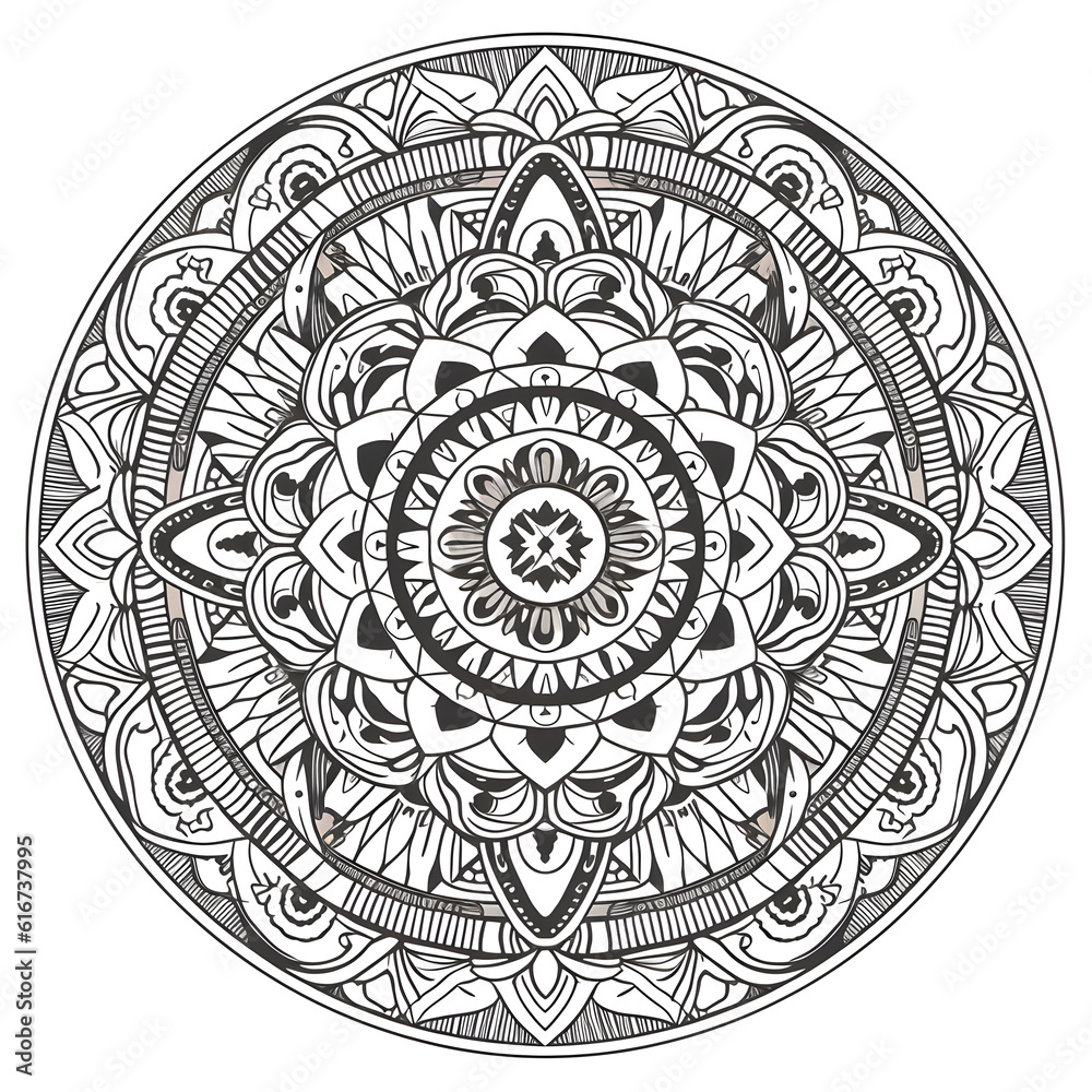 Detailed black and white mandala with intricate patterns and symmetry