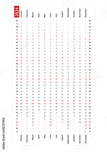 One row vertical calendar 2024, monday first day of the week.