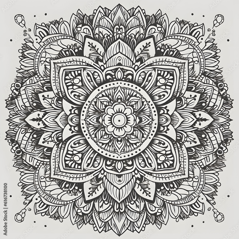 detailed mandala with ornate designs and dotted accents surrounding it