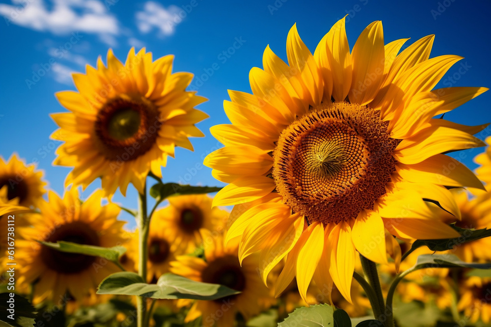 Obraz premium Close-up shot of a field of sunflowers basking in the summer sun, their bright yellow petals contrasting against a deep blue sky.