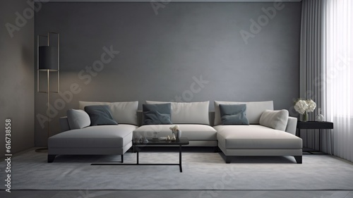 Front view of a modern minimalist living room in gray tones. Empty walls, large comfortable corner sofa with pillows, coffee table, trendy floor lamp, carpet, large window. Mockup, 3D rendering. © Georgii