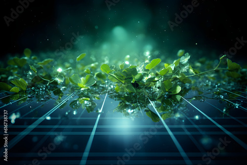 leaves and green bushes on a solar photovoltaic panel