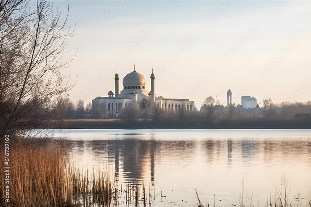 view of the magnificent mosque from the edge of the lake ,generative ai