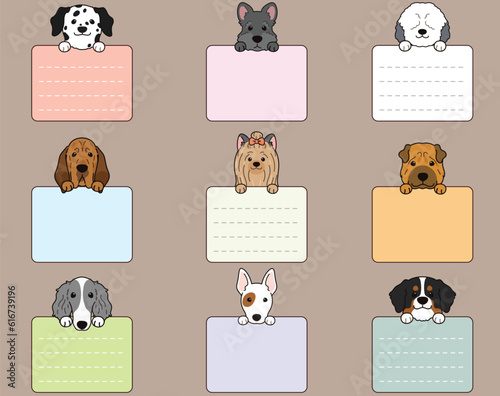 Set of outlined cute and simple dog heads with front paws holding a note