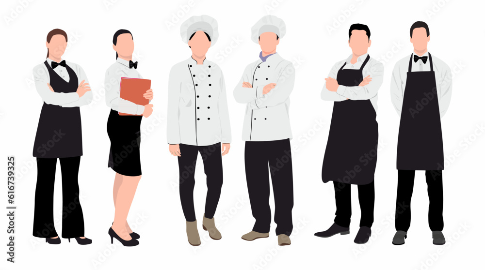 Team of chefs with waiter and waitress standing together in isolated white background.
