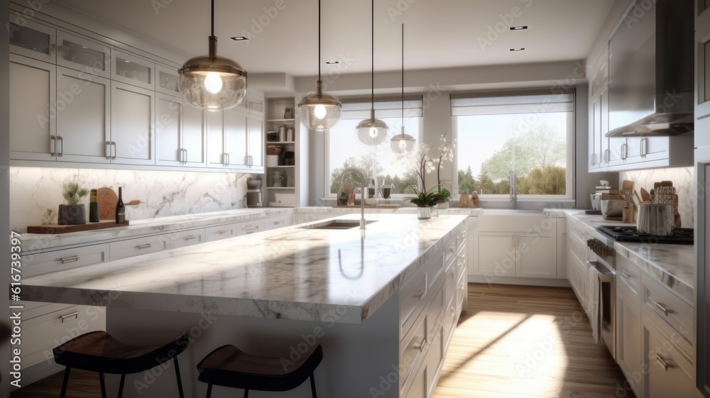 Modern luxury white kitchen. Large kitchen island with quartz stone ...