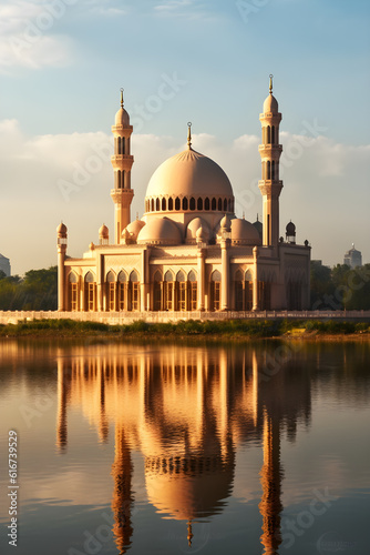 view of the magnificent mosque from the edge of the lake ,generative ai © sipalingPNG