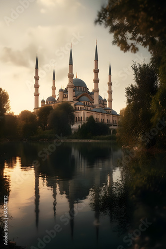 view of the magnificent mosque from the edge of the lake  generative ai