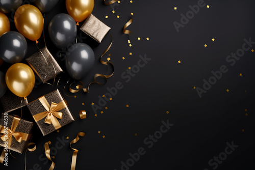 Top view birthday party background. Gift  present box and balloons on black background. Happy birthday greeting copy space. Flat lay style. Generative AI