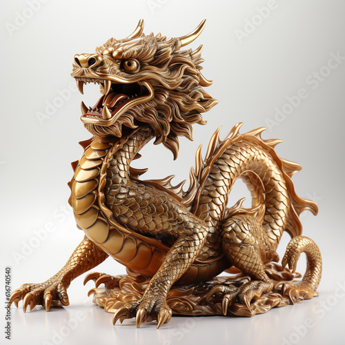 The golden sculpture of a Chinese dragon is in a state of being ready to attack. The character of this statue is built according to the myths of ancient Chinese society.