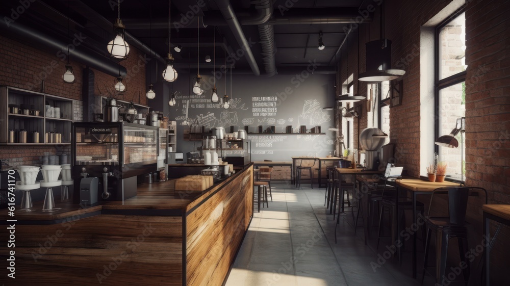 Interior of a modern loft style coffee shop. Concrete walls with open shelves, wooden bar counter and tables, pendant lamps, green plants, large panoramic windows. Modern hipster lifestyle concept.