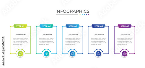 Thin line process business infographic with square template. Vector illustration. Process timeline with 5 options, steps or sections.