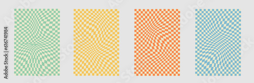 set of 70s backgrounds in retro hippie style. Wave pattern, checkerboard, net. Texture vector illustration. Distorted in a psychedelic and Y2k aesthetic style