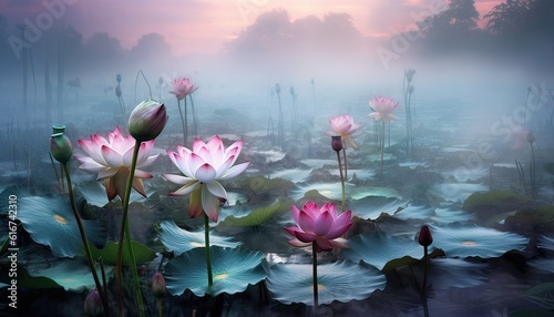 Generative AI illustration of lotus flower in pond  clean background color  misty  illusory