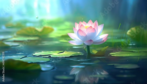 Generative AI illustration of lotus flower in pond, clean background color, misty, illusory