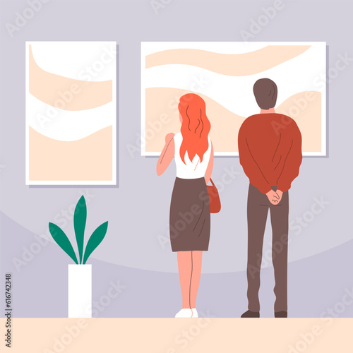Art exhibition in the art museum. Gallery of contemporary art. A man and a woman are looking at a picture. Flat vector illustration photo