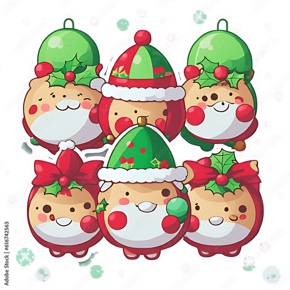 Cartoon Christmas stickers, Generative Ai illustration, Christmas, Christmas cartoon, kawaii
