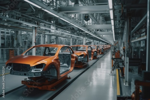 Robotic conveyor line for car assembly. Modern workshop with automated equipment. Mechanical assembly of car bodies. Automated production of cars at the factory, complete replacement for manual labor.