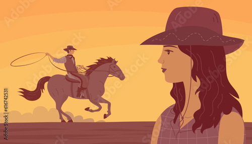 Cowboy girl and man in a hat rides a horse. Desert and hot sunset. Swinging rope lasso. Wild West landscape, western, rodeo and horse racing. Cartoon vector illustration