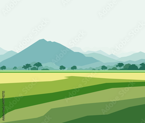 Beautiful ricefield landscape with mountains vector illustration